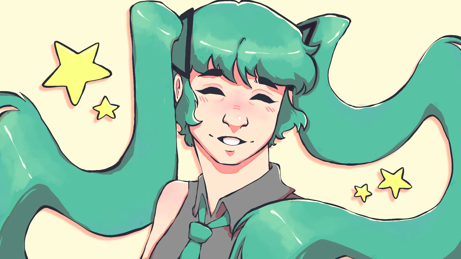 a digital headshot illustration of Hatsune Miku surrounded by stars and smiling.